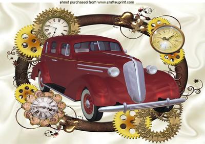 1936 Red Sedan Car in Clock Steampunk Frame A4