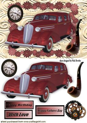 1936 Red Sedan, in Steampunk Frame with Smoking Pipe