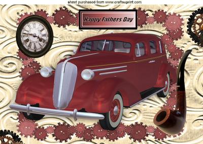 1936 Red Sedan Car, in Steampunk Frame for Fathers Day A4