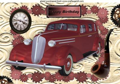 Vintage 1936 Red Sedan Car with Clock in Steampunk Frame A4