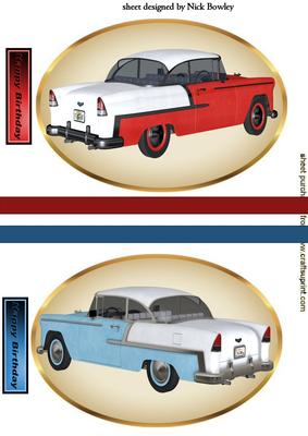 Two Chevy Bel Air Cars in Gold Oval Frame Toppers