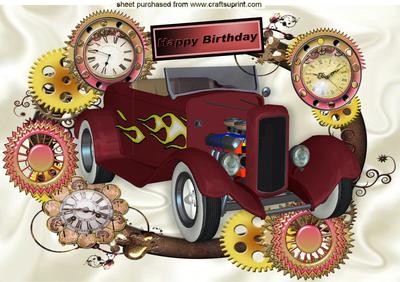 1932 Red Roadster in Steampunk Clock Frame A4