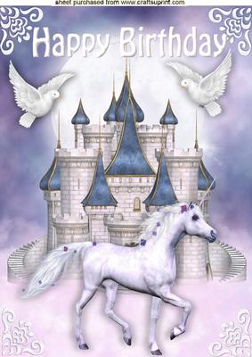 Beautiful White Unicorn Horse with Fantasy Castle and Doves