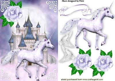 Beautiful White Unicorn with Fantasy Castle and Doves A5