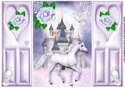 Beautiful White Unicorn, with Fantasy Castle, Doves Gatefold