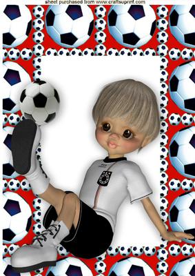 Boy Sitting Down Playing Footie in Red A4