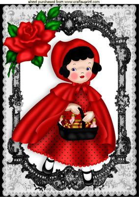 Little Red Riding Hood in Black Lace Frame with Red Roses A4