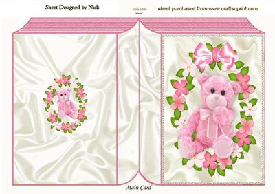 Pink Fluffy Teddy in Flower Frame Folded Book
