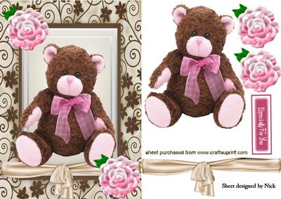 Big Brown Cuddly Bear in Floral Frame with Bow