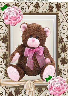Big Brown Cuddy Bear in Floral Frame with Roses A4