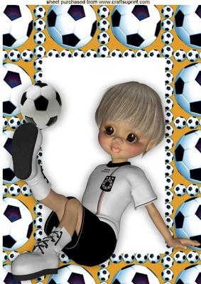 Boy Sitting Down Playing Footie in Gold A4
