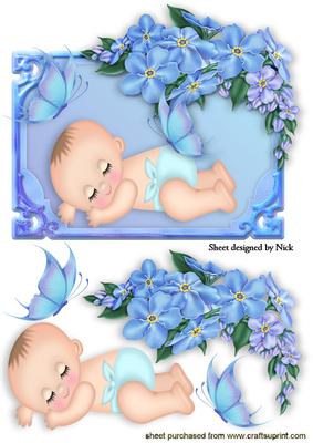 Cute Little Baby Boy in Flower Frame with Butterflies