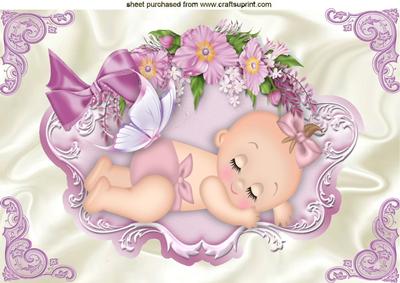Sleeping Baby Girl in Frame of Flowers with Butterflies A4
