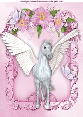 Beautiful White Winged Horse in Floral Frame A4