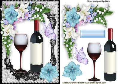 Lovely Wine with Glass in Black Lace Floral Frame