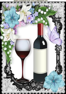 Lovely Wine with Glass in Black Lace Floral Frame A4