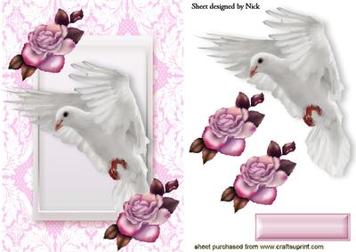 Dove in Flight with Pink Roses in Lace Frame