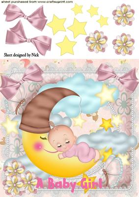 Sleepy Baby Girl on the Moon with Stars in Lace Frame
