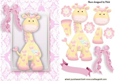 Cute Little Giraffe with Flowers and Bow in Lace Frame
