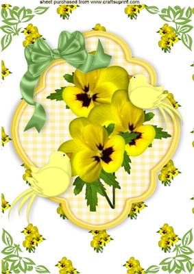 Pretty Yellow Pansies with Little Birds and Bow A4