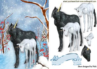 Unicorns in Snow Scene