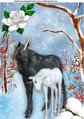 Unicorns in the Snow with White Rose A4