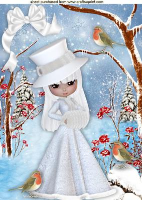 Pretty Lady in White with Robins in Snow Scene A4