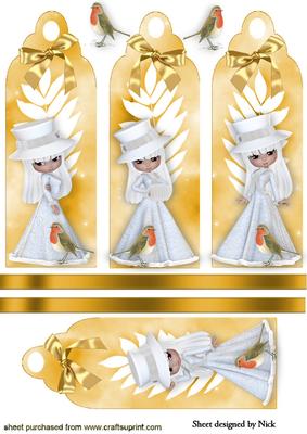 Pretty Ladies in White with Gold Bows and Robins Bookmarks