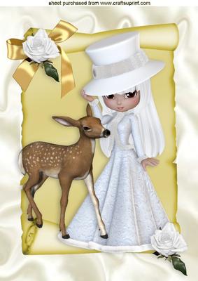 Pretty Lady in White with Little Deer on a Scroll A4