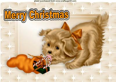 Cute Brown Puppy with Christmas Sack in Star Frame A4