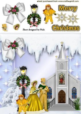 Carol Singers with Church in the Snow