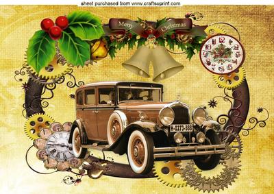 Vintage Car in Christmas Steampunk Clock Frame A4