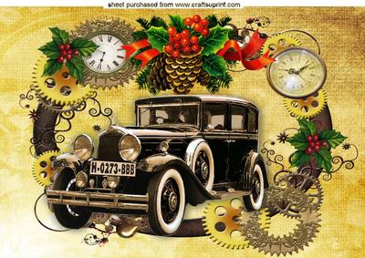 Christmas Holly in Clock Steampunk Frame with Vintage Car A4