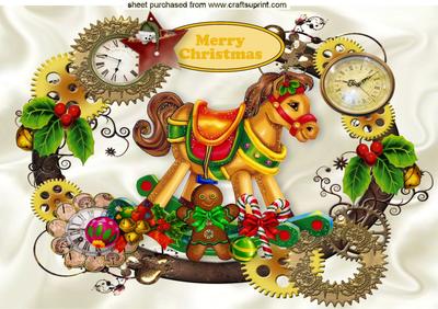 Vintage Rocking Horse in Christmas Steampunk Frame A4