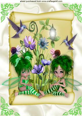 Sitting Fairies in Green on a Scroll with Kingfisher A4