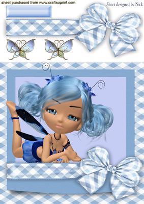 Little Blue Fairy with Gingham Bow and Butterflies