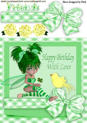Little Green Fairy with Little Yellow Bird and Bow