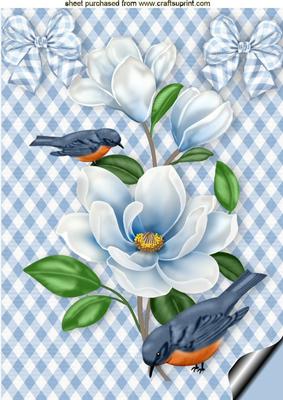Blue Birds with Pretty Flowers on Blue Gingham A4