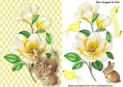 Cute Rabbits with Yellow Summer Flowers in Gingham