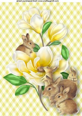 Cute Little Bunnies with Yellow Flowers in Gingham A4