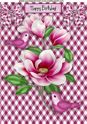 Pretty Pink Magnolia Flowers with Pink Birds in Gingham A4