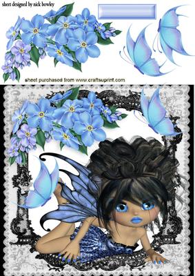Blue Fairie with Flowers and Butterflies in Lace Frame