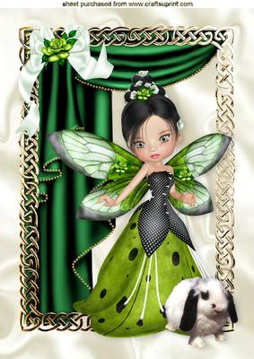 Little White Bunny with Fairie in Green with Rose A4
