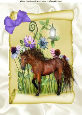 Beautiful Brown Horse with Flowers on a Scroll A4