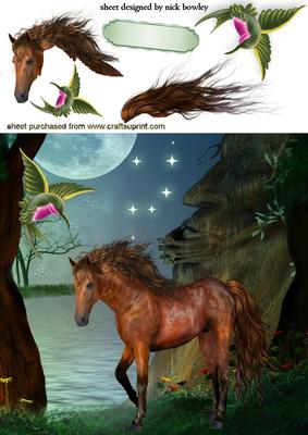 Lovely Brown Horse with Humming Bird in Twilight Scene