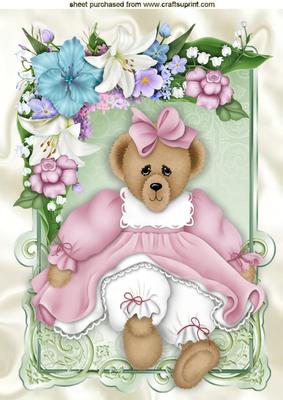 Cute Teddy All in Pink with Pink Roses and Flowers A4