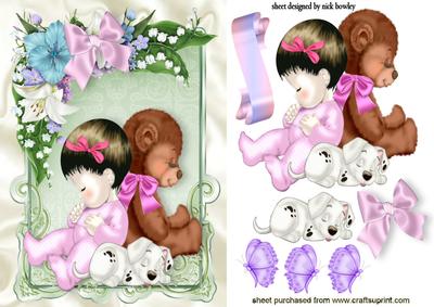 Little Baby Girl with Teddy and Puppy with Flowers
