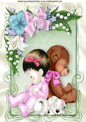 Cute Baby Girl with Teddy Puppy in Frame of Flowers with Bow