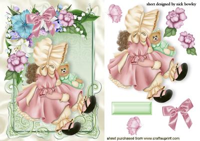 Little Bonnet Girl with Her Teddy in Frame of Flowers