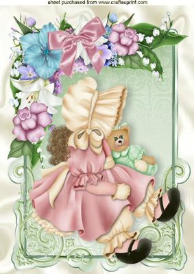 Little Bonnet Girl with Teddy in Flowered Frame with Bow A4